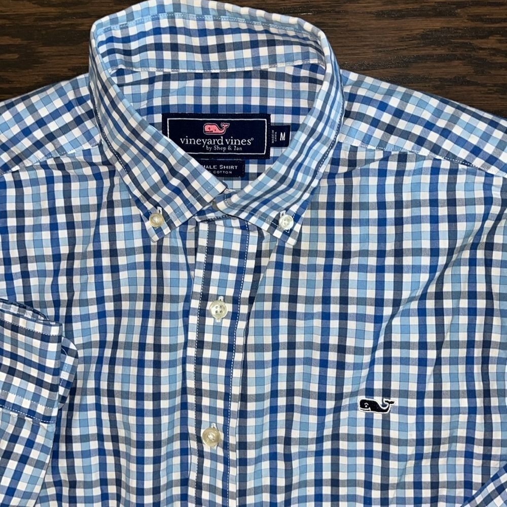 Mens Classic fit Blue White Gingham check whale Vineyard Vines Cotton LS shirt M